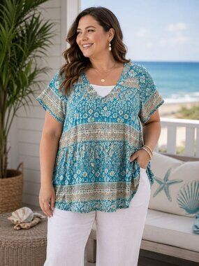 Folunsi Geometric Print Blouse Women's 4X Short Sleeve Pullover Office Casual To